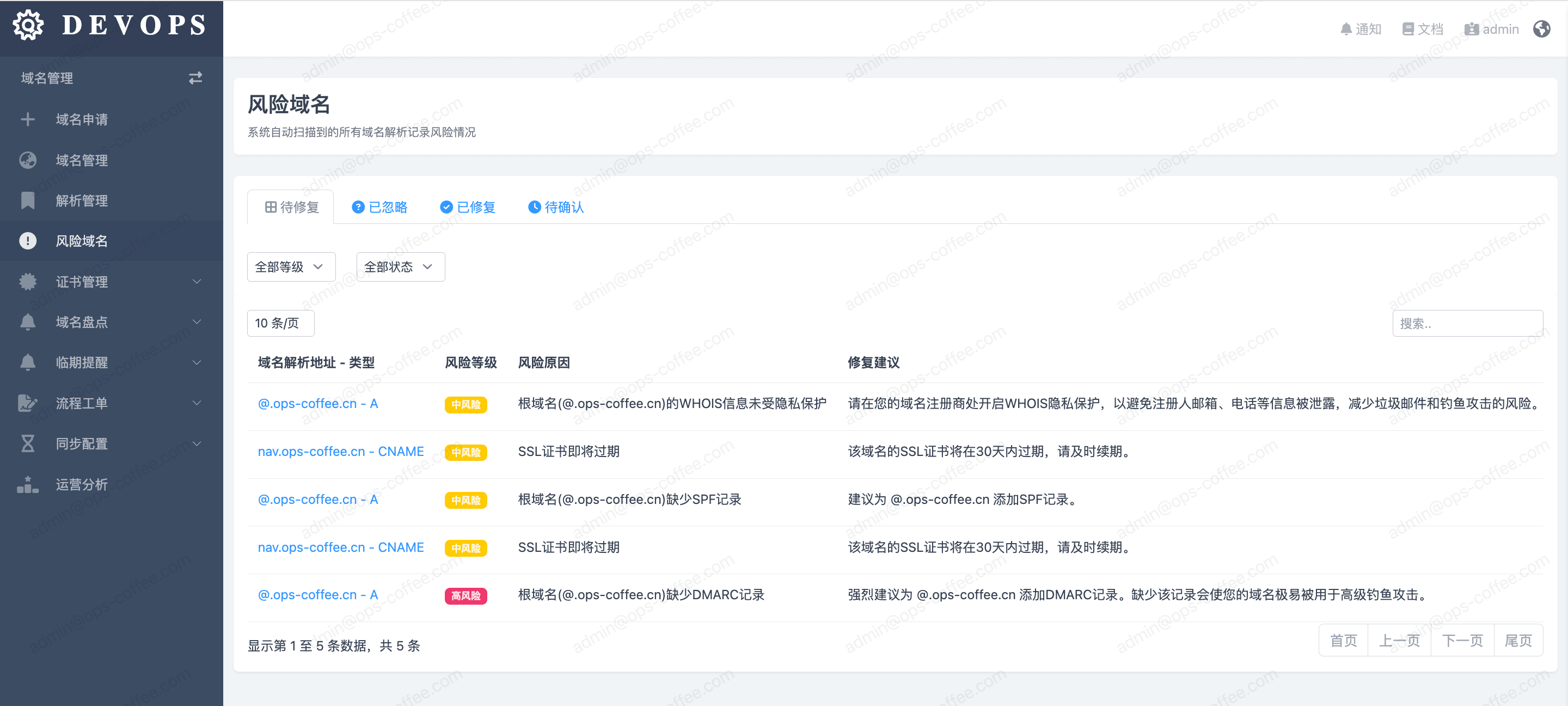风险域名列表页截图,展示风险原因、建议及处理