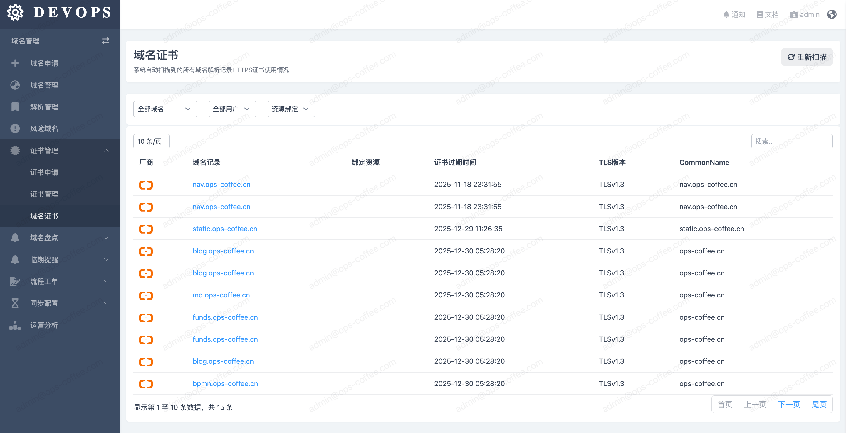域名证书页面截图,显示域名HTTPS状态证书到期日的关联列表