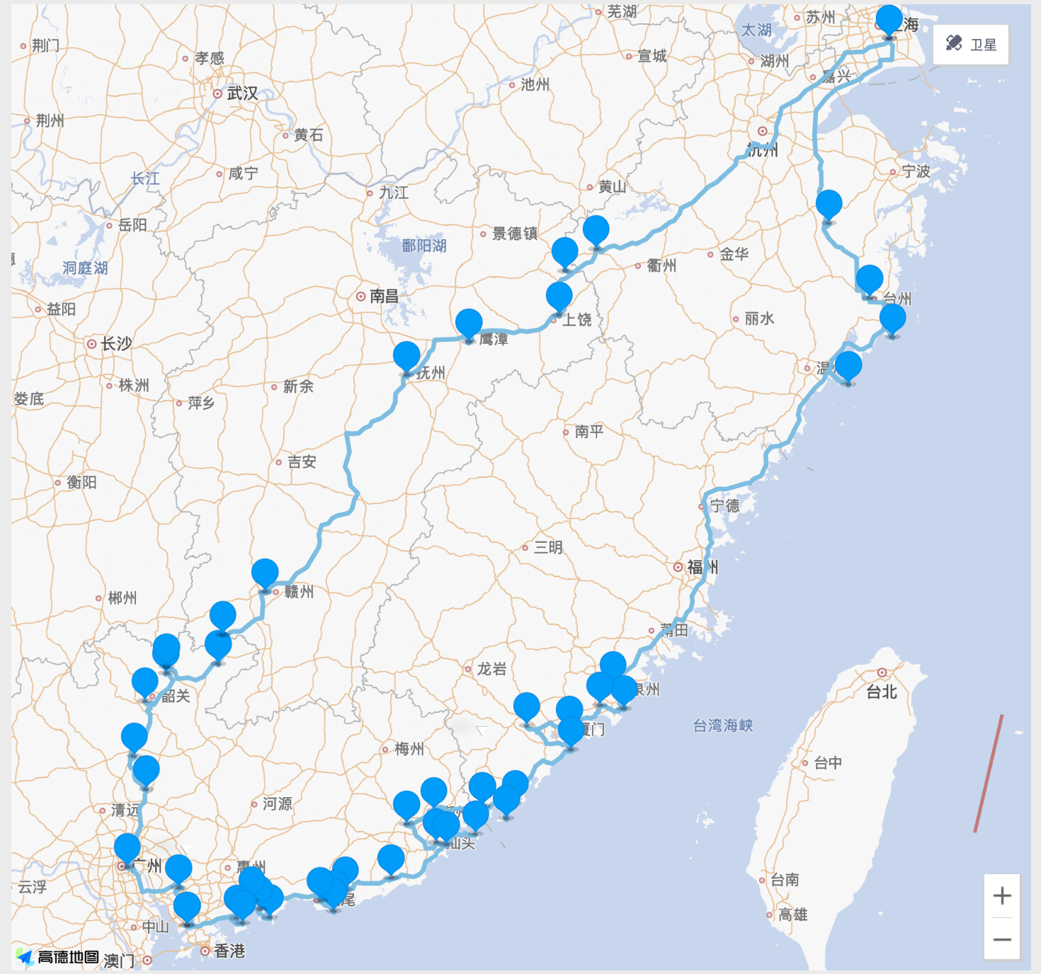 上海->嘉兴->杭州->绍兴->台州->温州->泉州->厦门->漳州->潮州->揭阳->汕头->汕尾->惠州->深圳->东莞->广州->清远->韶关->赣州->抚州->鹰潭->上饶->衢州->上海
